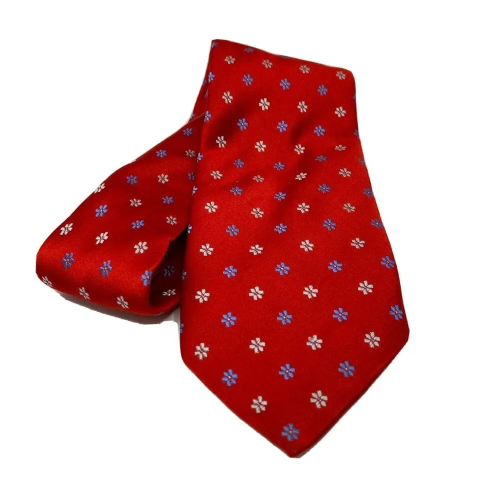 Thomas PINK red power‎ boss necktie blue white flowers silk tie elegant France